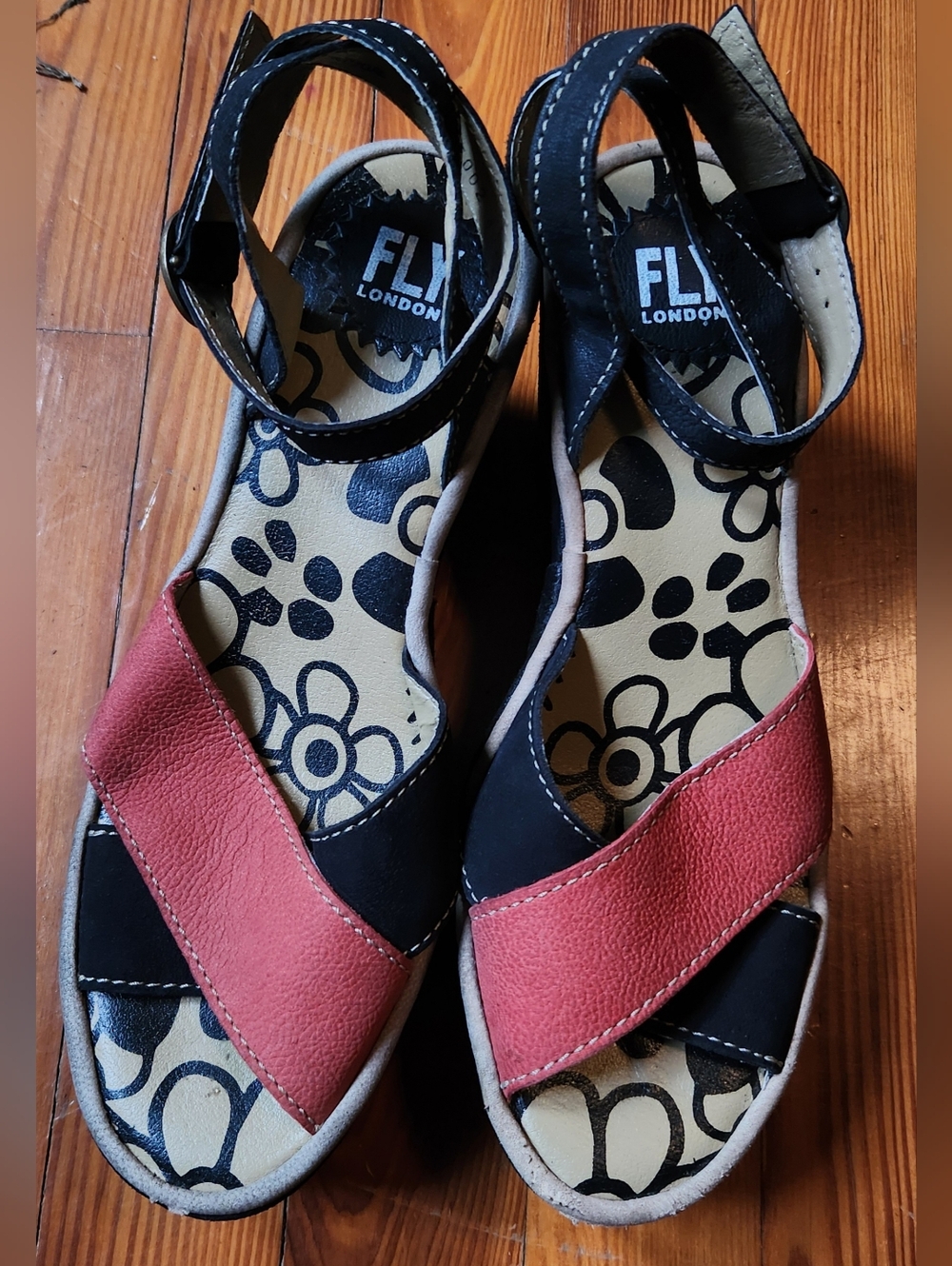 Fly London Black and Red Cross-Strap Ankle Sandals